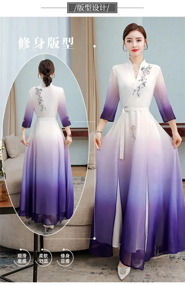 Top 2021 New Elegant Chinese Style V-Neck Slim Gradient Color Three-Quarter Sleeve Long Temperament Dress Qipao Lady Robes y1458 - Seprincess