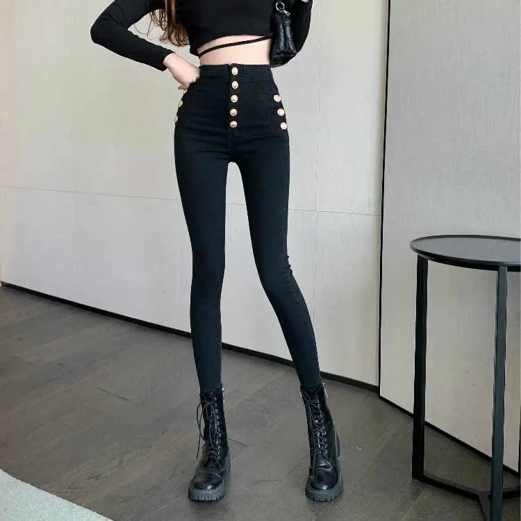 Spring Autumn Fashion High Waist Skinny Trousers Women's Casual Double Breasted Black Pencil Pants