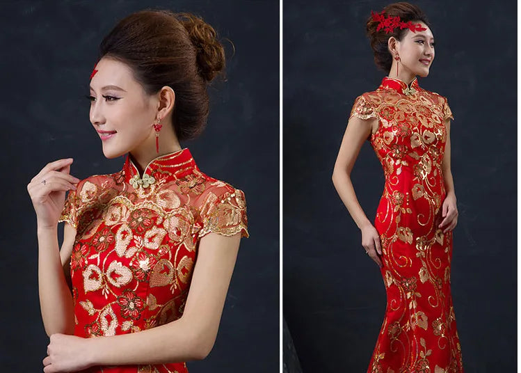 Female Long Short Sleeve Cheongsam Gold Sequin and Embroidery Chinese Traditional Dress Women Qipao Red Chinese Wedding Dress - Seprincess