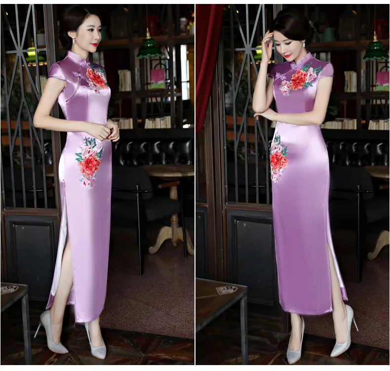 Classical Women Long Show Satin Chinese Dress Elegant Slim Embroidery Flower Qipao Cheongsam Retro Mandarin Collar Evening Gown - Seprincess