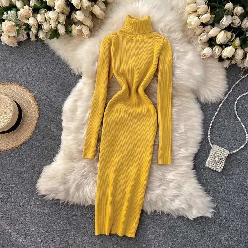 Dresses for Women 2022 Sexy Turtleneck Knitted Bodycon Dress Women Autumn Winter Long Sleeve Sweater Dress - Seprincess