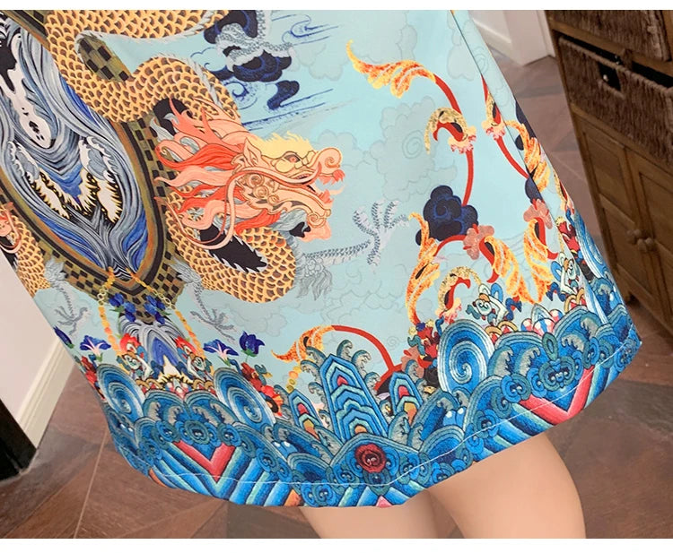 Ins Red Blue Loose 2021 New Fashion Modern Chinese Cheongsam A-line Dress Women 3/4 Sleeve Qipao Traditional Chinese Clothes