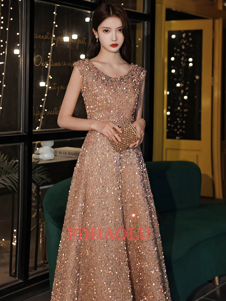 FDHAOLU FU92 Sequins Evening Dresses O-Neck A-line Floor-length Sleeveless Elegant Bling Plus size Customized Woman Formal Dress - Seprincess