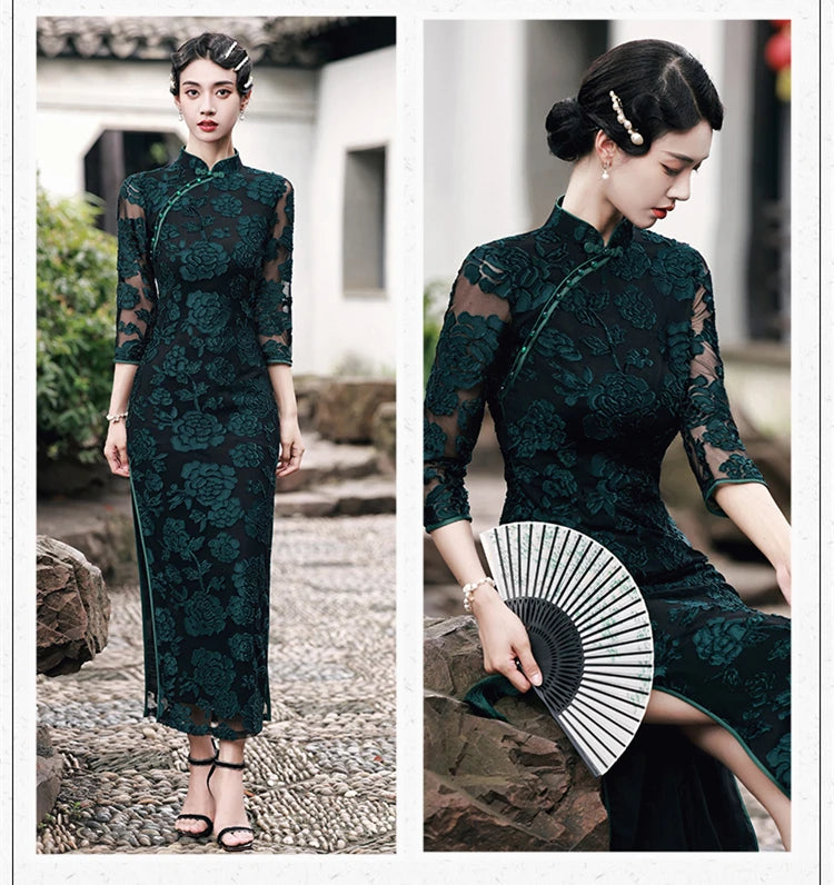 Chinese Style Women's Traditional Dress Retro Old Shanghai Style Long Cheongsam with 3/4 Sleeve Lace Summer Dress - Seprincess