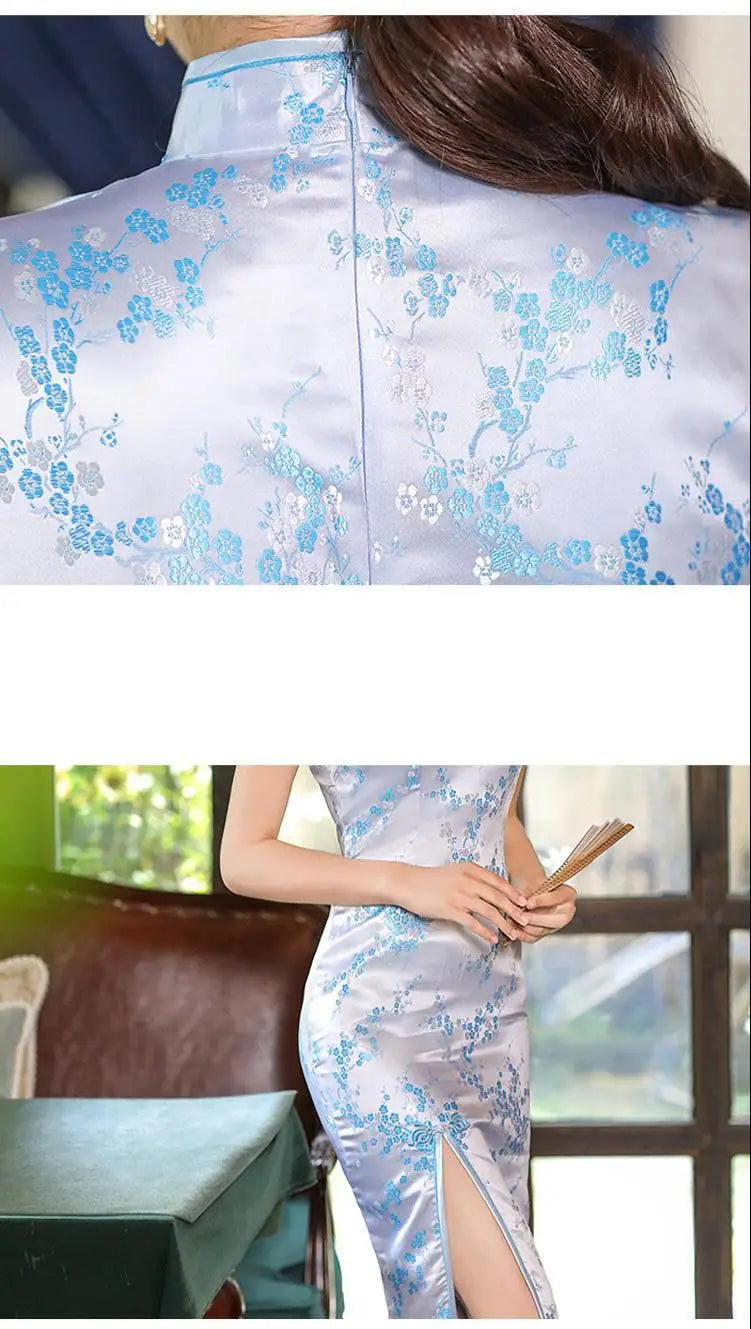 Summer New Women Sexy Cheongsam Elegant Vintage Mandarin Collar Chinese Dress Long Satin Flower Qipao Split Vestidso - Seprincess