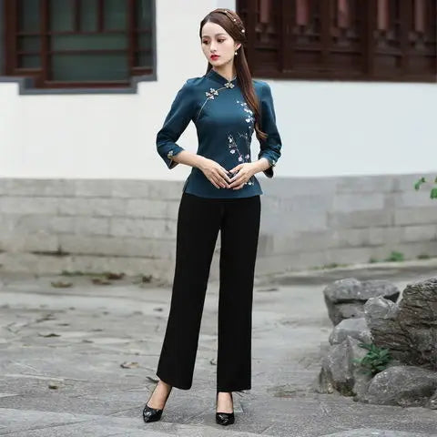 Cheongsam Women's Plus Size Tops 2024 Summer New Fashion Cotton Manual Embroidery Stand Collar Chinese Style Qipao Shirts Woman - Seprincess