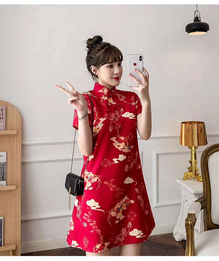 M-4XL 2022 New Year Red Summer Trend Street Fashion Modern Cheongsam A-line Dress Women Qipao Traditional Chinese Clothes - Seprincess