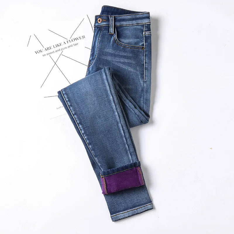 Winter Thick Women Warm Skinny Jeans Simple Stretch Velvet Fleece Female High Waist Denim Pencil Pants Clothes 36 38 40