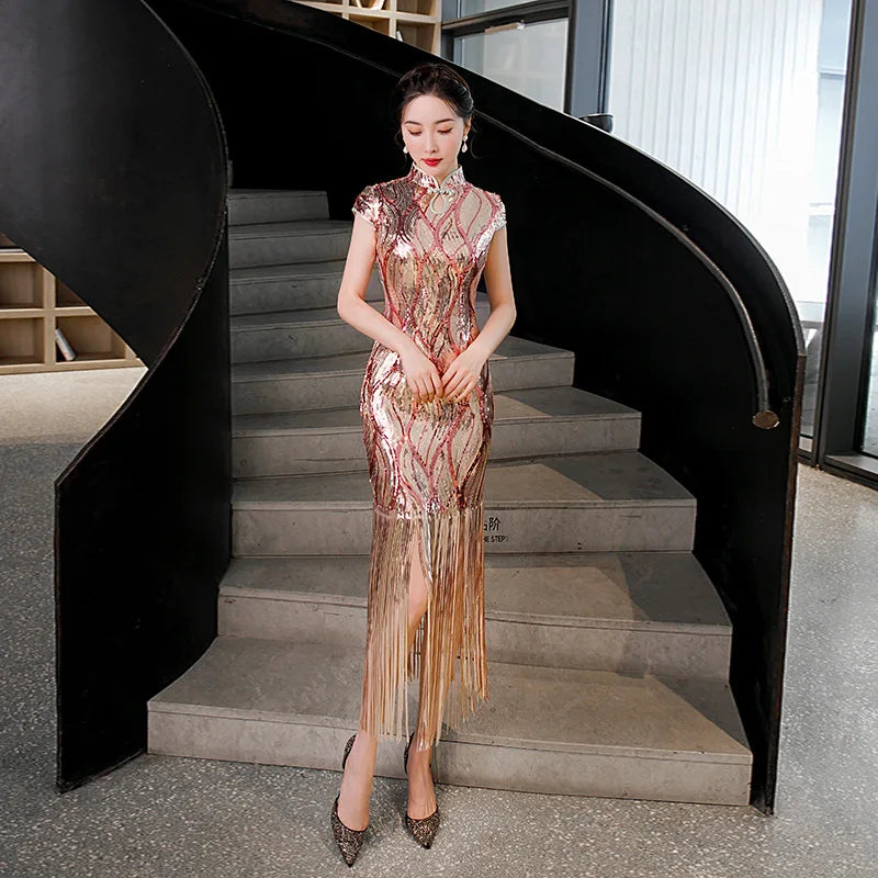 Lady Elegant Gold Sexy Rayon Cheongsam Sequins Tassel Qipao Mandarin Collar Chinese Dress Gown Vintage Evening Party Vestidos - Seprincess