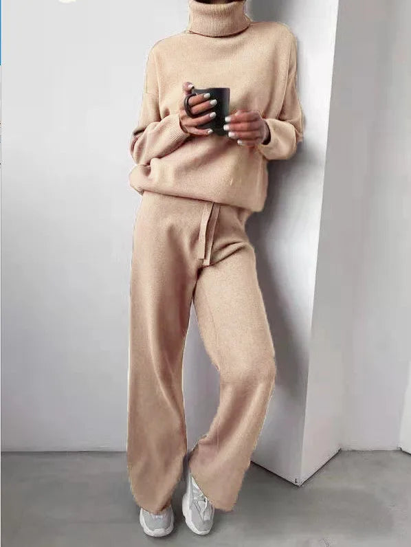 Women Sweater Suit Autumn Turtleneck Pullover Two Piece Set Casual Solid Loose Sweater and Long Pants Tracksuit Female Outfits - Seprincess