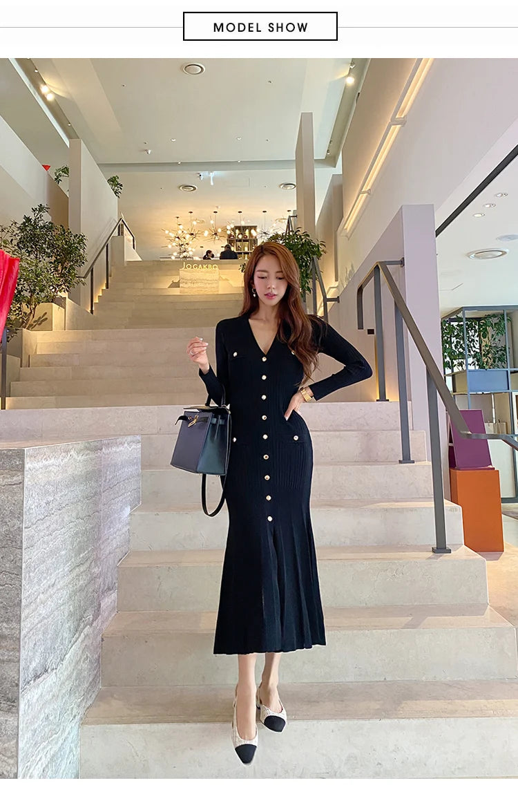 Vintage Korean Maxi Dresses for Women Party Long Sleeve V-neck Mermaid Dress Elegant Fashion Ladies Vestidos Femme Autumn 2023 - Seprincess