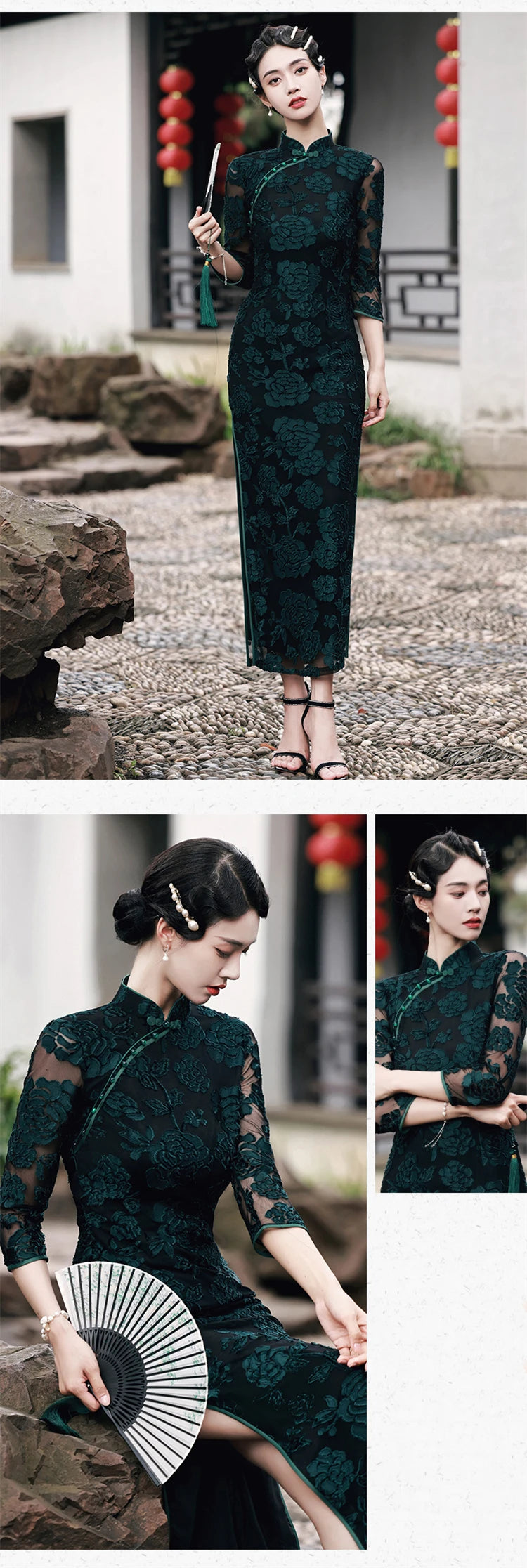 Chinese Style Women's Traditional Dress Retro Old Shanghai Style Long Cheongsam with 3/4 Sleeve Lace Summer Dress - Seprincess