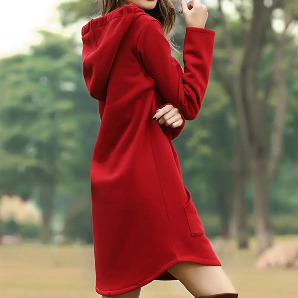 Hooded Hoodie Women Dresses 2021 Autumn Winter Solid Color Drawstring Large Pocket Irregular Hem Hooded Dress - Seprincess