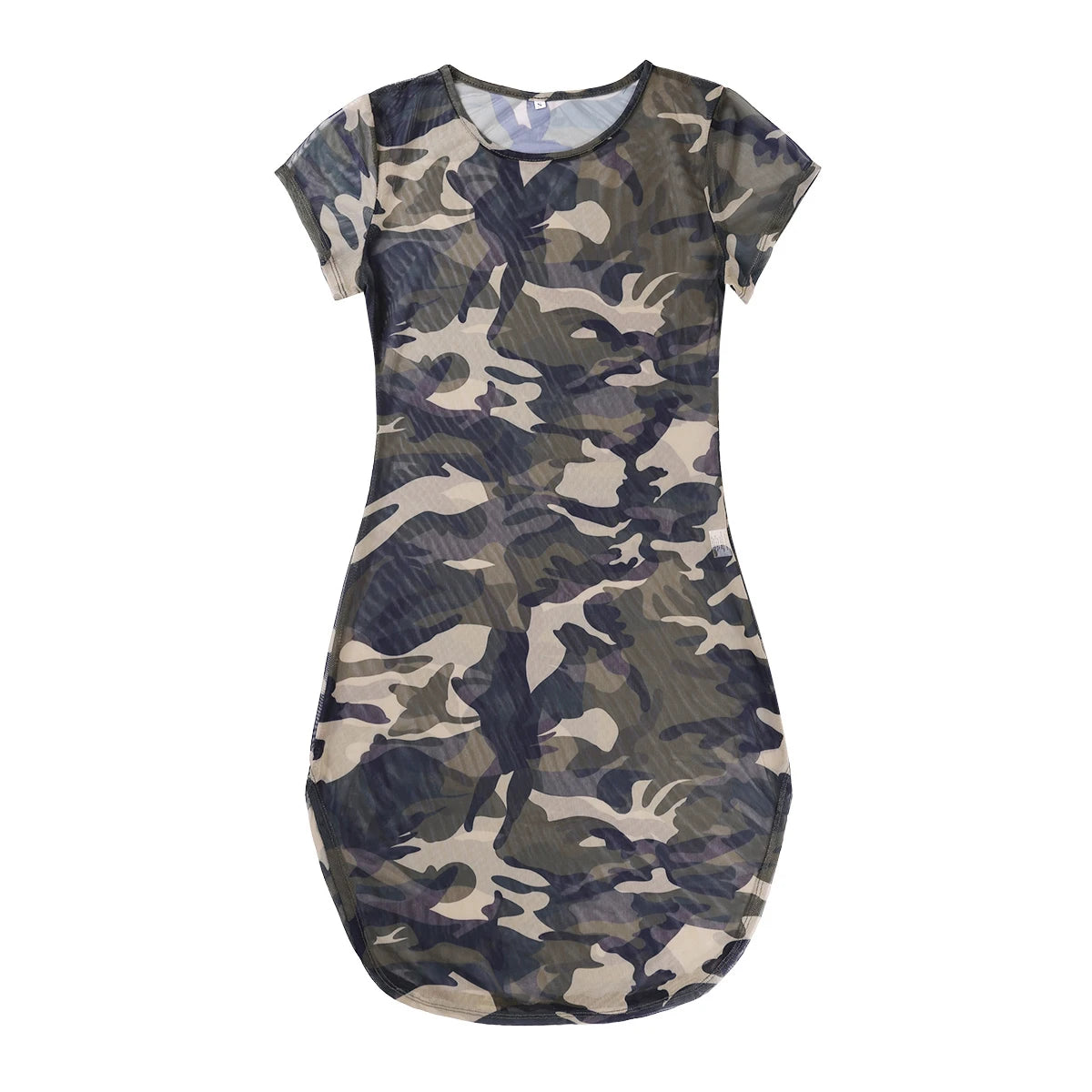 Women Short Sleeve Camouflage Sheer Side Slit Mesh Transparent Mini Dress Bodycon Slim Fit SeeThrough Clubwear Night Party Dress - Seprincess