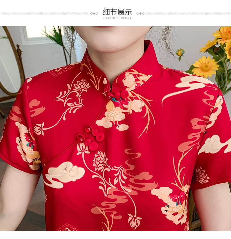 M-4XL 2022 New Year Red Summer Trend Street Fashion Modern Cheongsam A-line Dress Women Qipao Traditional Chinese Clothes - Seprincess