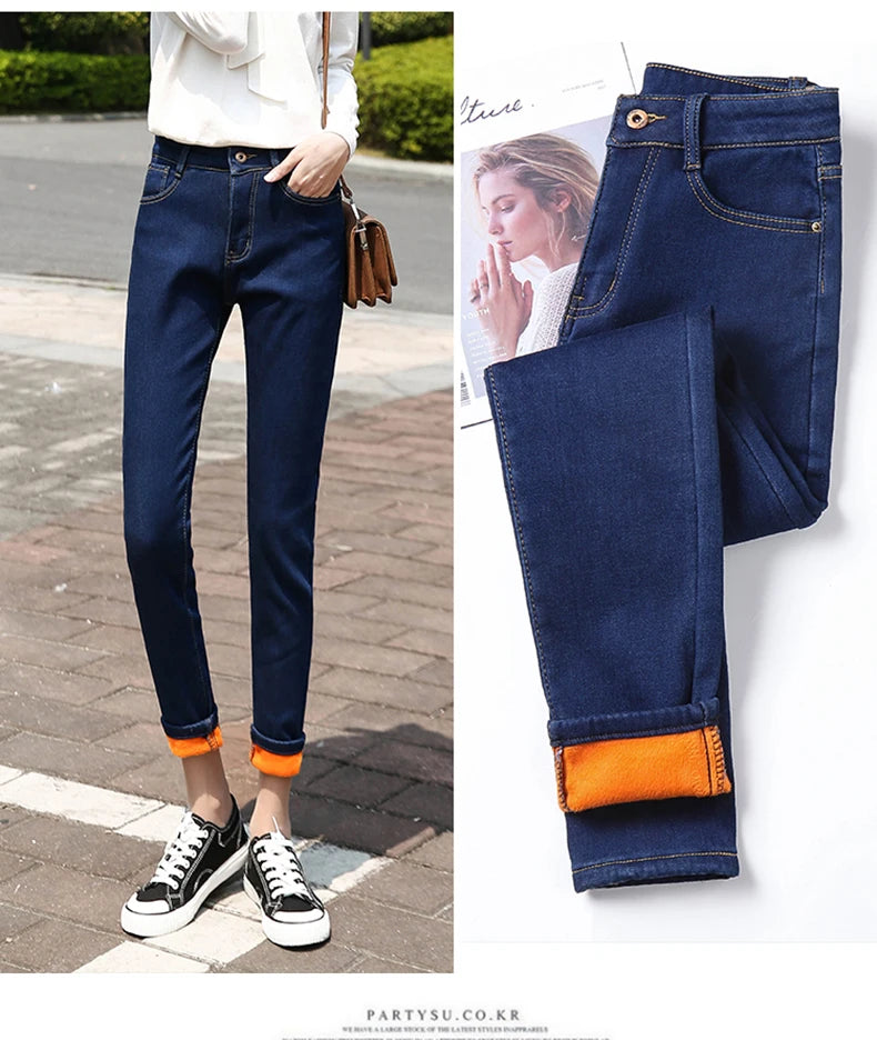 Clothes 26-40 winter women Colorful  velvet high waist jeans denim trousers stretch warm pencil pants thick skinny jeans