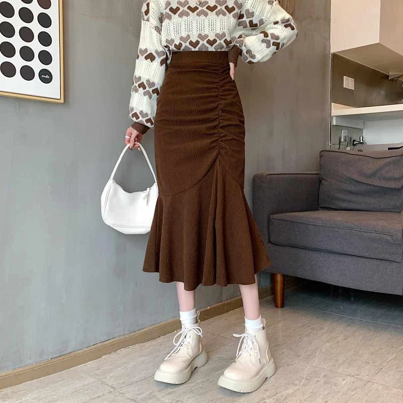 Lucyever Fashion High Waist Midi Skirts for Women 2023 Spring Slim Fit  Hip Mermaid Skirt Woman Korean Ruffles Brown Skirts 2XL - Seprincess