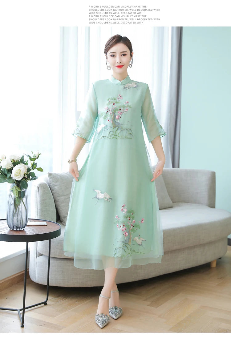 Chinese Styles Vintage Women Hanfu Midi Qipao Dresses China Traditional Elegant Cheongsam Tang Suit New Robe Orientale Clothing - Seprincess