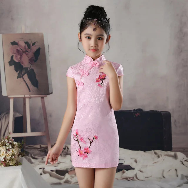 Summer Lovely Girls Short Sleeve Lace cheongsam Dress Cute Princess Girls Embroidery Dresses Kids Party Evening Wedding Dress - Seprincess