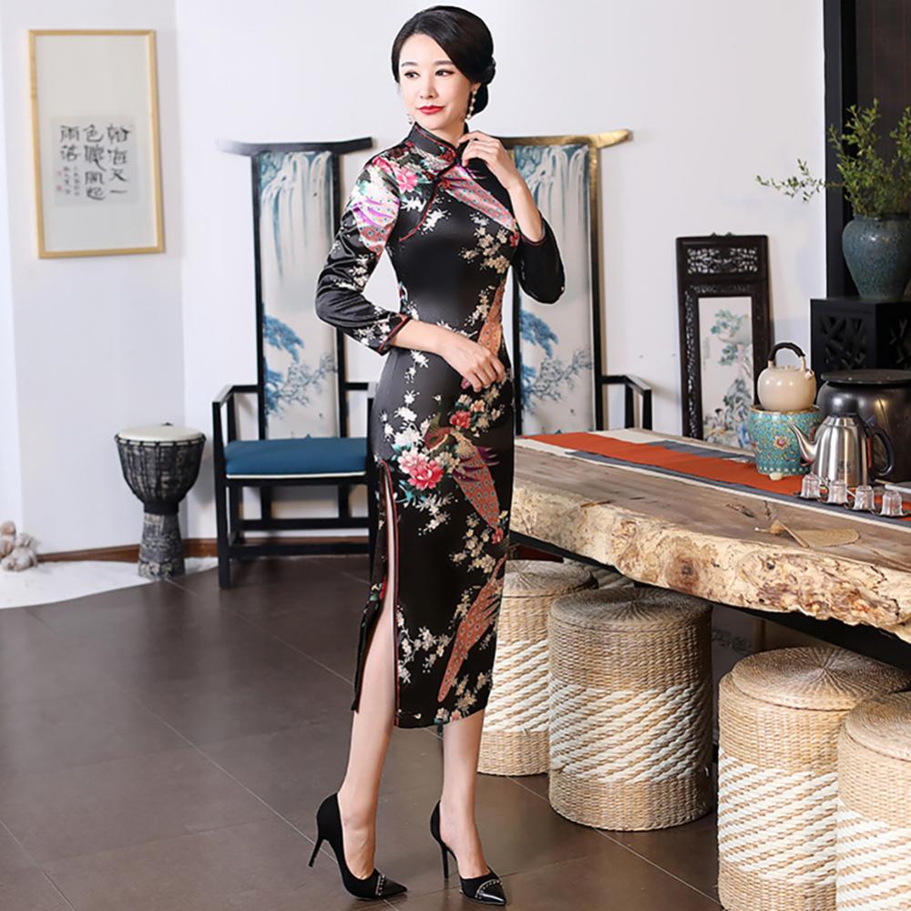 Women Chinese Traditional Dress Peacock Flower Print Long Split Bodycon Dress Cheongsam Stage Show Midi Slim Women Dress - Seprincess