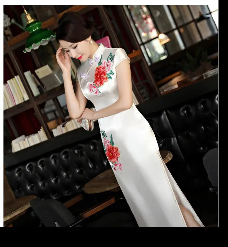 Classical Women Long Show Satin Chinese Dress Elegant Slim Embroidery Flower Qipao Cheongsam Retro Mandarin Collar Evening Gown