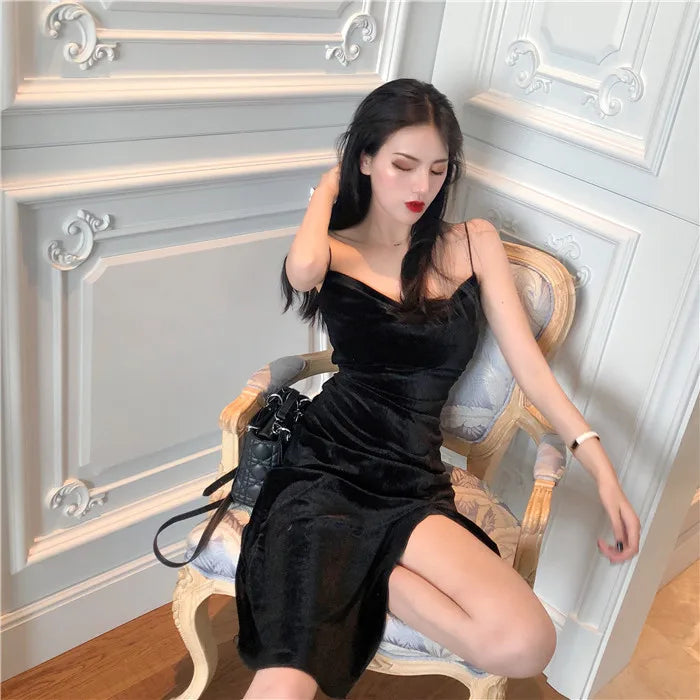 New 2022 Vintage Women Dress Spaghetti Strap Slit Velvet Black Dress Sexy Bodycon Bandage Dress Midi Party Dress Verano Vestidos - Seprincess