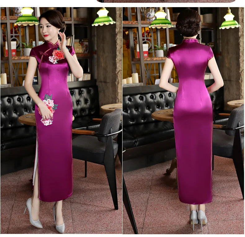 Classical Women Long Show Satin Chinese Dress Elegant Slim Embroidery Flower Qipao Cheongsam Retro Mandarin Collar Evening Gown - Seprincess