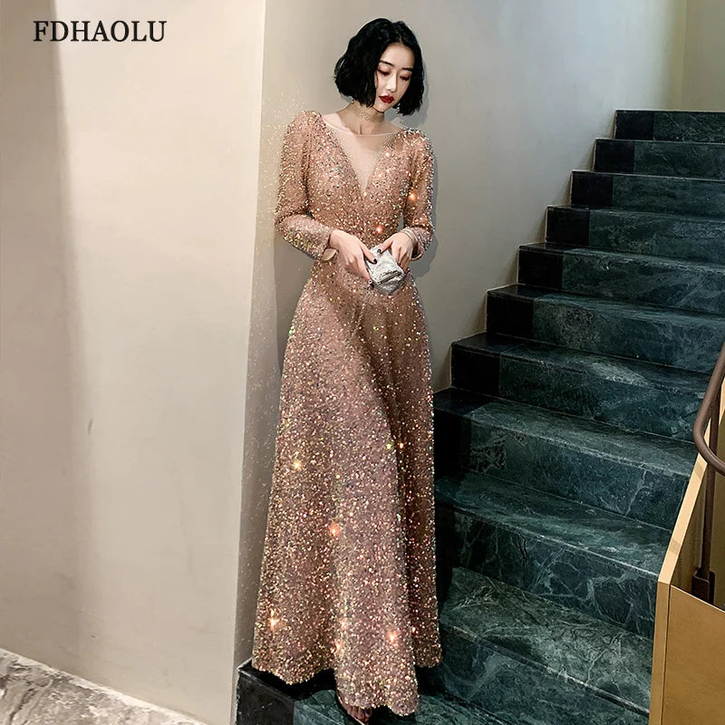 FDHAOLU FU90 Sequined Long Sleeves Evening Dress O Neck Glitter Prom Dresses Plus Size Elegant Floor Length Vestido de noiva - Seprincess