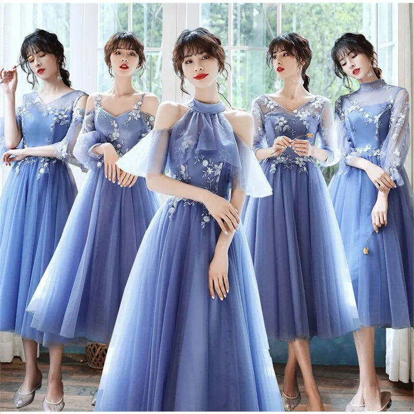 Sweet Memory 2025 Women Blue Bridesmaid Dresses Tea Length Appliques Lace Flowers Mismatched With Sleeves Wedding Party Dress - Seprincess