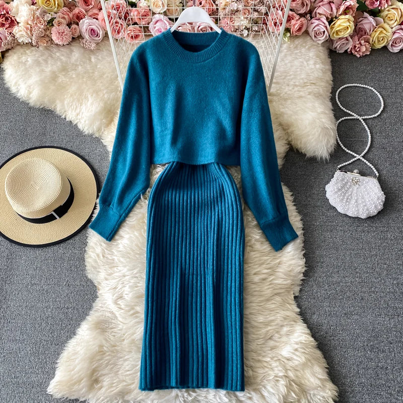 autumn Korean style clothes Two piece dress set Winter fall 2024 fashion women clothing new knitted knit long sleeves sweaters - Seprincess