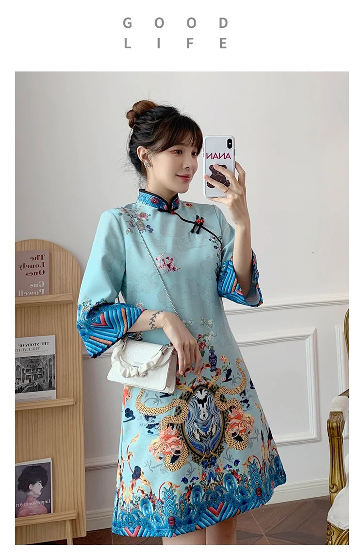 Ins Red Blue Loose 2021 New Fashion Modern Chinese Cheongsam A-line Dress Women 3/4 Sleeve Qipao Traditional Chinese Clothes - Seprincess