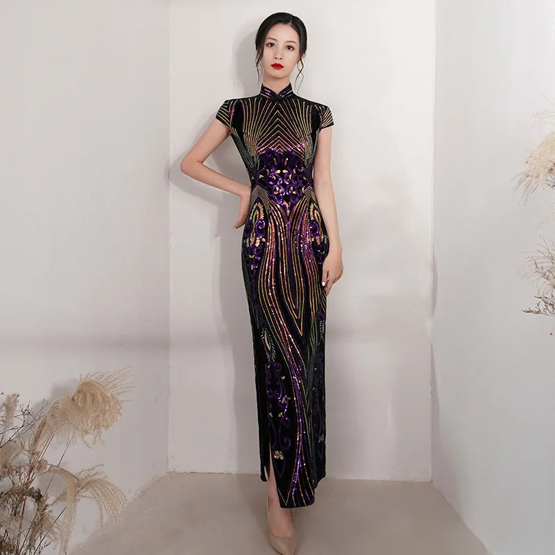 Elegant Lady Sequins Qipao Sexy Cheongsam Classic Mandarin Collar Chinese Dress Velvet Size 5XL Evening Party Vestidos - Seprincess