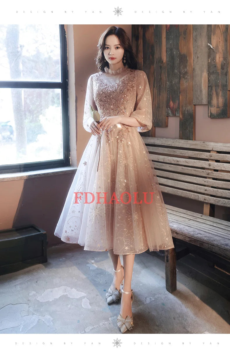 FDHAOLU Evening Dress 2024 New Stylish Illusion O-neck Appliques Crytal Formal Dress a Line Prom Dresses Haute Couture - Seprincess