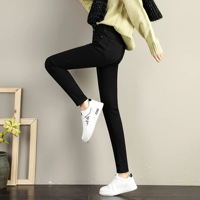 Women Stretch High Waist Skinny Warm Thick velvet Jeans Lady Mom Cotton Pants Student Winter Pencil Trousers clothes 38 40