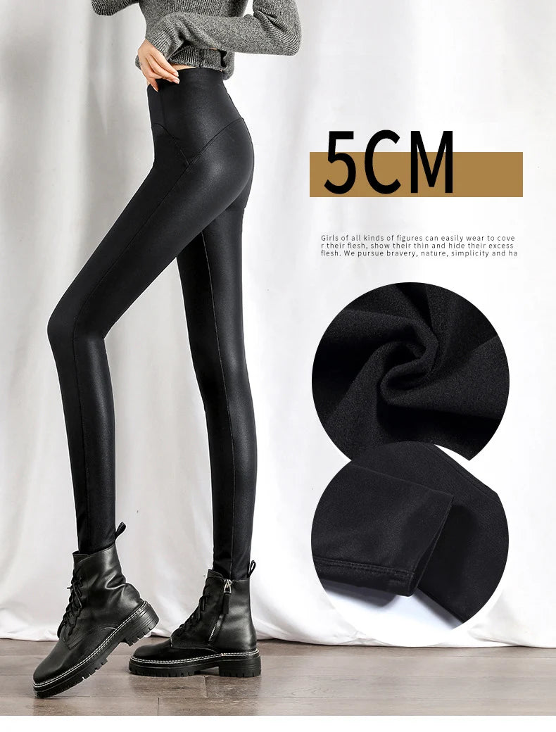 BIVIGAOS Autumn Winter Black Fleece Matte Leather Leggings Women High Waist  Sexy Motorcycle Pants Slim Skinny Warm Leggings