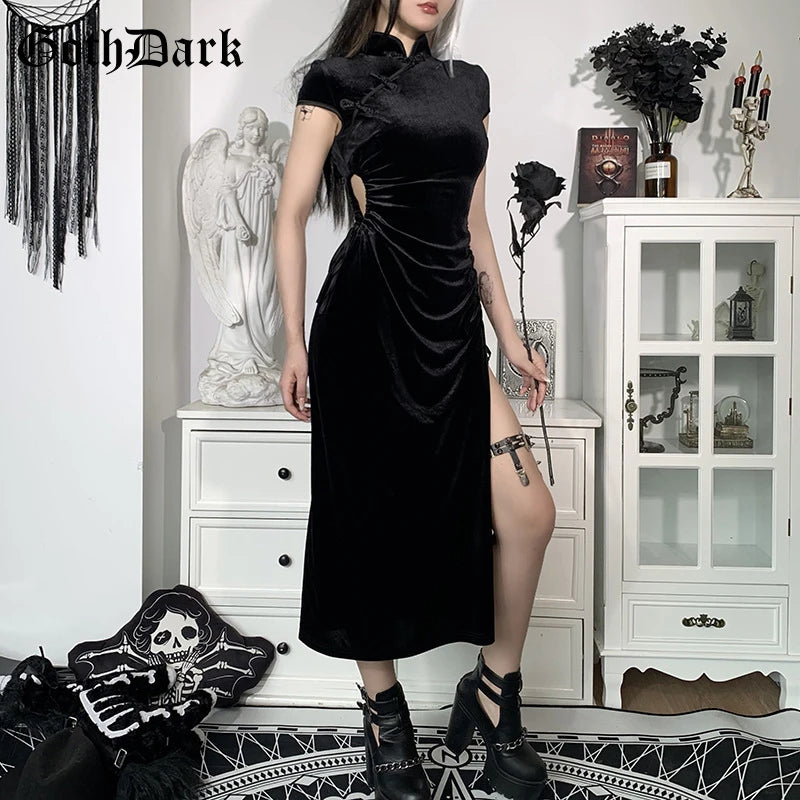 Goth Dark Romantic Gothic Velvet Aesthetic Dresses Vintage Women Black Bandage SlitHem Bodycon Dress Sexy Evening Wear Cheongsam