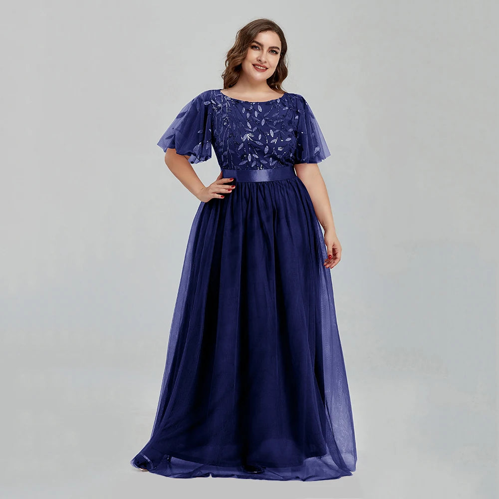 Women's Plus Size Mesh A-Line Sequin Embroidery Evening Dress Leaf  Maxi Prom Dress With Sleeves For Wedding Dress 2022 - Seprincess