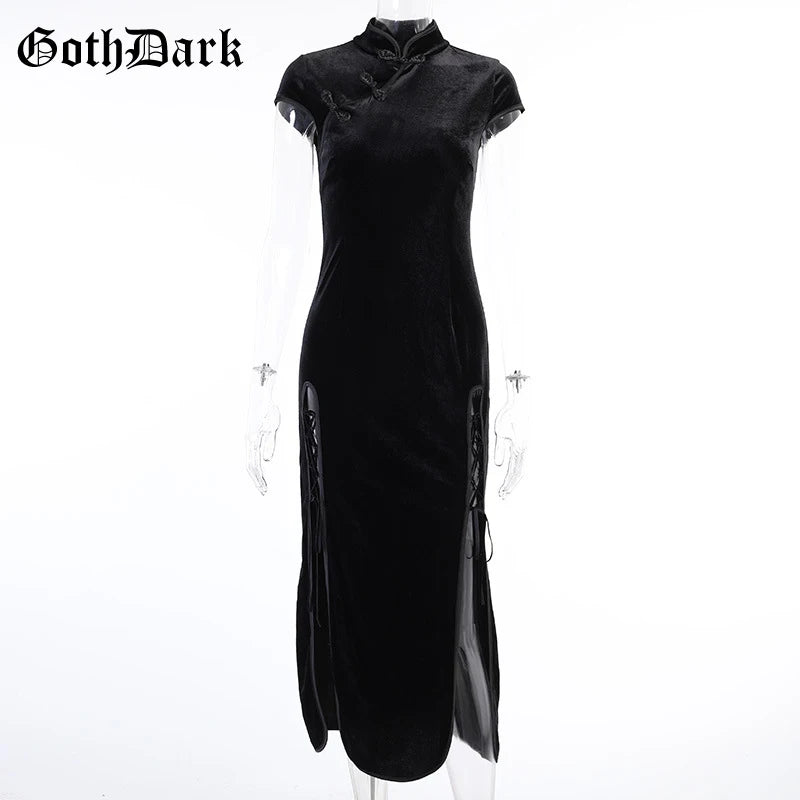 Goth Dark Romantic Gothic Velvet Aesthetic Dresses Vintage Women Black Bandage SlitHem Bodycon Dress Sexy Evening Wear Cheongsam - Seprincess