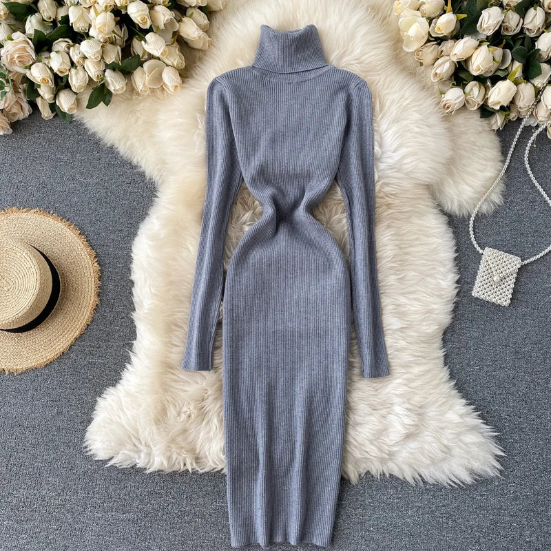 Dresses for Women 2022 Sexy Turtleneck Knitted Bodycon Dress Women Autumn Winter Long Sleeve Sweater Dress - Seprincess