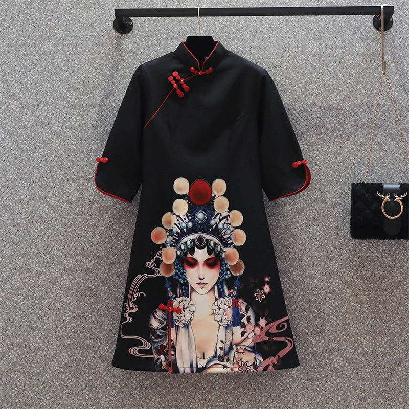 INS M-4XL NEW 2022 Black Peking Opera Print Fashion Modern Cheongsam Dress Women Short Sleeve Qipao Traditional Chinese Style - Seprincess