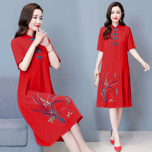 2021 M-4XL Plus Size Vintage Red Embroidery Chinese Traditional Qipao Casual Party Women Midi Dress Summer Cheongsam Dresses - Seprincess