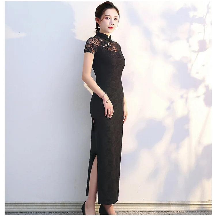 Lace Floral Perspective Collar Qipao Sexy Long Women Cheongsams Big Size 3XL 4XL 5XL Chinese Dress Grace Evening Party Vestidos - Seprincess