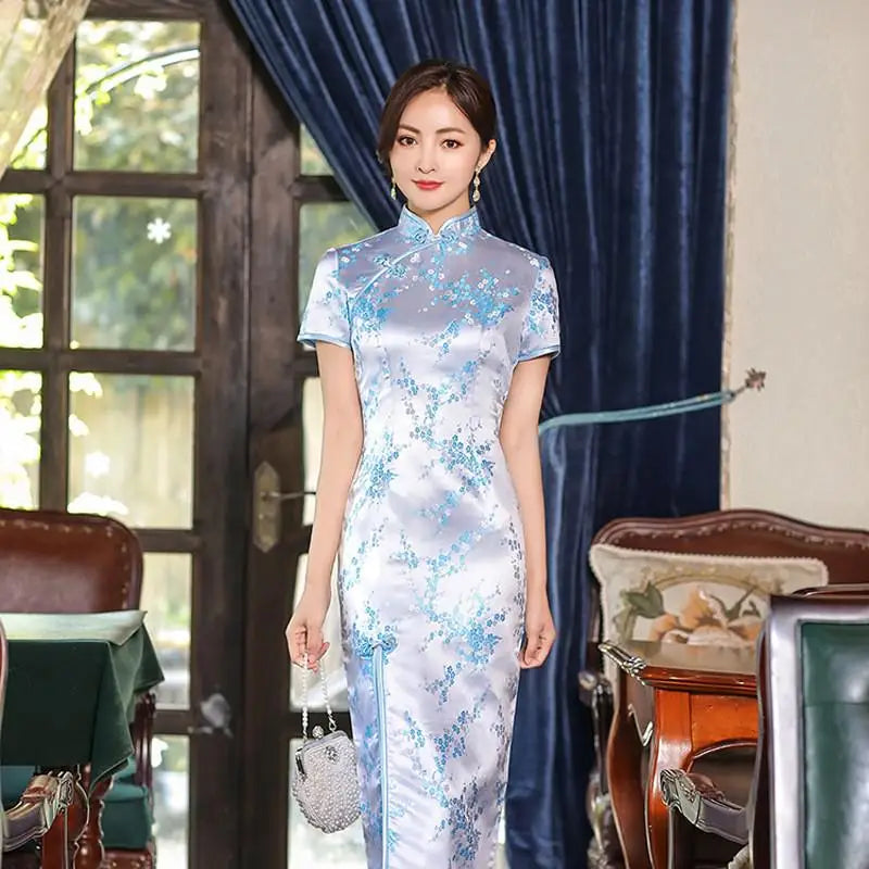 Sexy New Brocade Satin Long Fork Cheongsam Chinese Classic Women's Qipao Elegant Short Sleeve Novelty Wedding Evening Dress 4XL - Seprincess