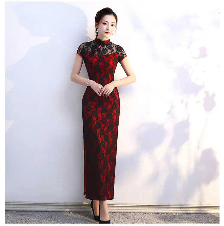 Lace Floral Perspective Collar Qipao Sexy Long Women Cheongsams Big Size 3XL 4XL 5XL Chinese Dress Grace Evening Party Vestidos - Seprincess