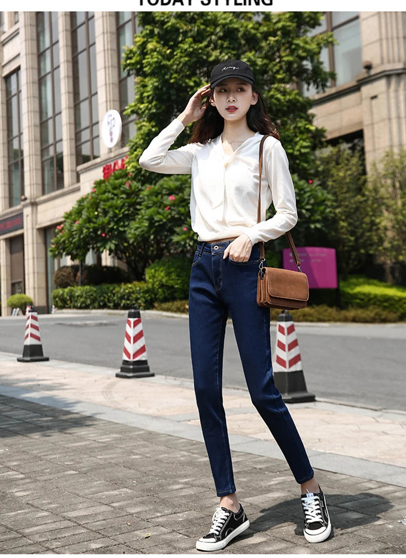 Clothes 26-40 winter women Colorful  velvet high waist jeans denim trousers stretch warm pencil pants thick skinny jeans