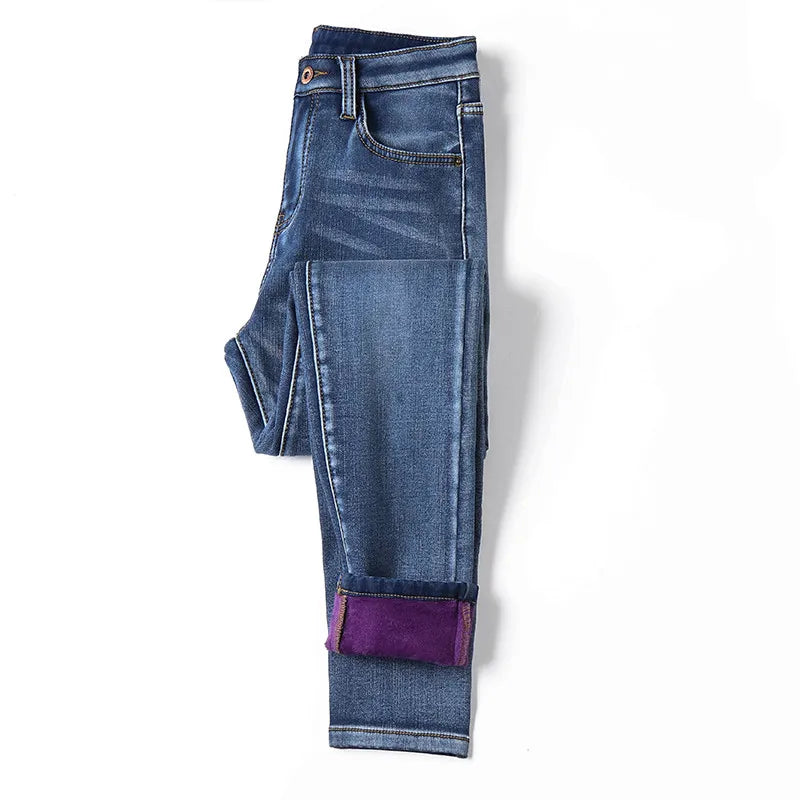 Winter Thick Women Warm Skinny Jeans Simple Stretch Velvet Fleece Female High Waist Denim Pencil Pants Clothes 36 38 40