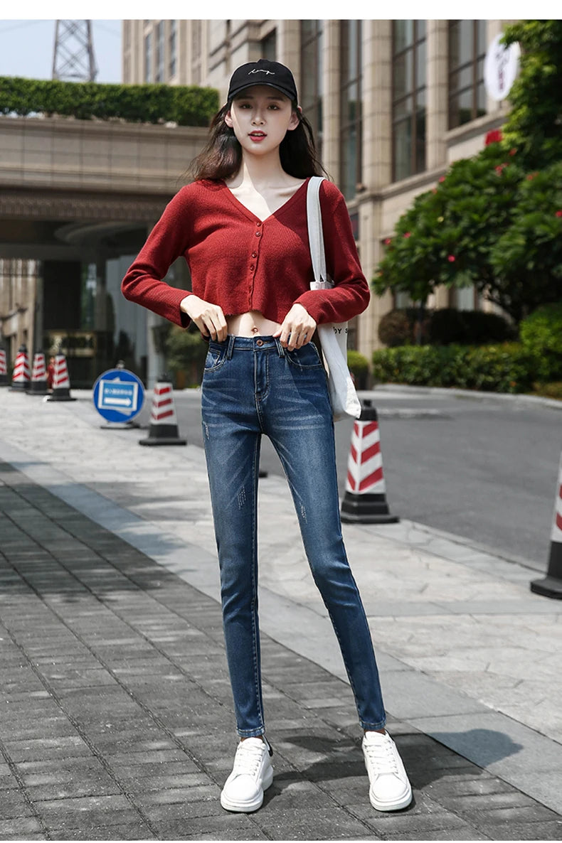 Clothes 26-40 winter women Colorful  velvet high waist jeans denim trousers stretch warm pencil pants thick skinny jeans