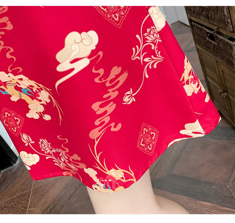 M-4XL 2022 New Year Red Summer Trend Street Fashion Modern Cheongsam A-line Dress Women Qipao Traditional Chinese Clothes - Seprincess