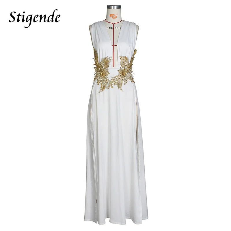 Stigende Floral Appliques Greek Goddess Dress Women Deep V Neck Prom Fairy Dress High Split Wedding Cocktail Night Party Dress - Seprincess