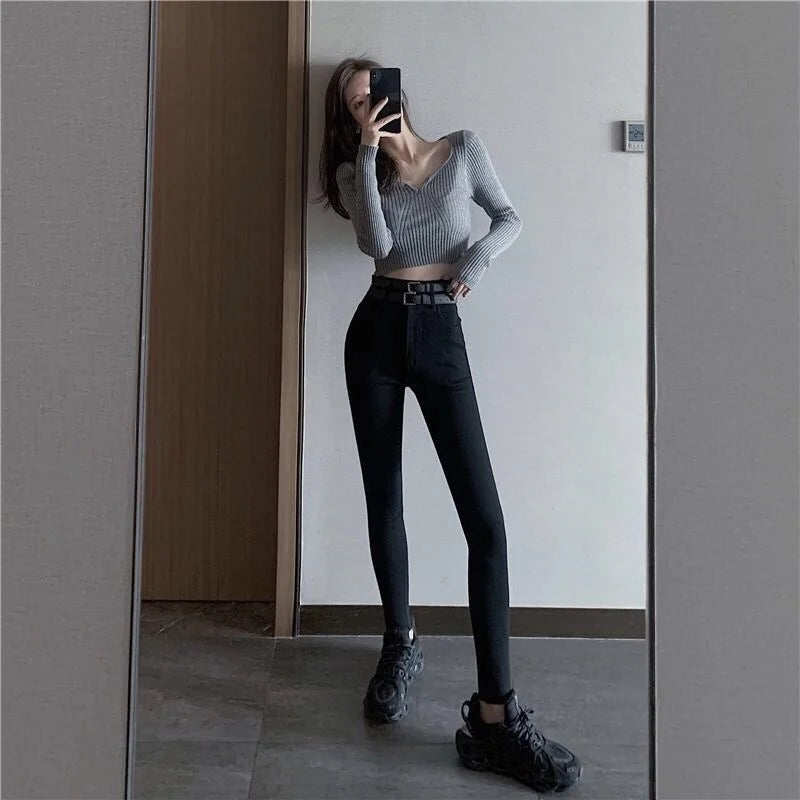 Woman Jeans Pants Black Ankle Tight Pencil Pants Autumn High Waist Tight Elastic Double Waist Head Pantalones Vaqueros Mujer